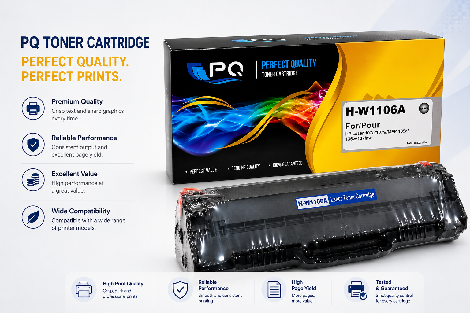 PQ Perfect Quality toner cartridge H-W1106A with compatibility, page yield, and quality features