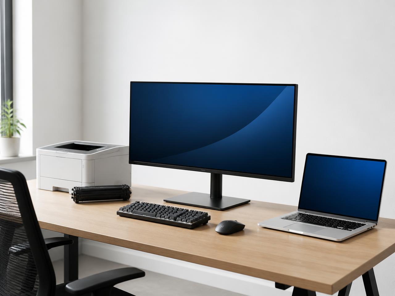 Monitor, laptop and printer on a modern office desk